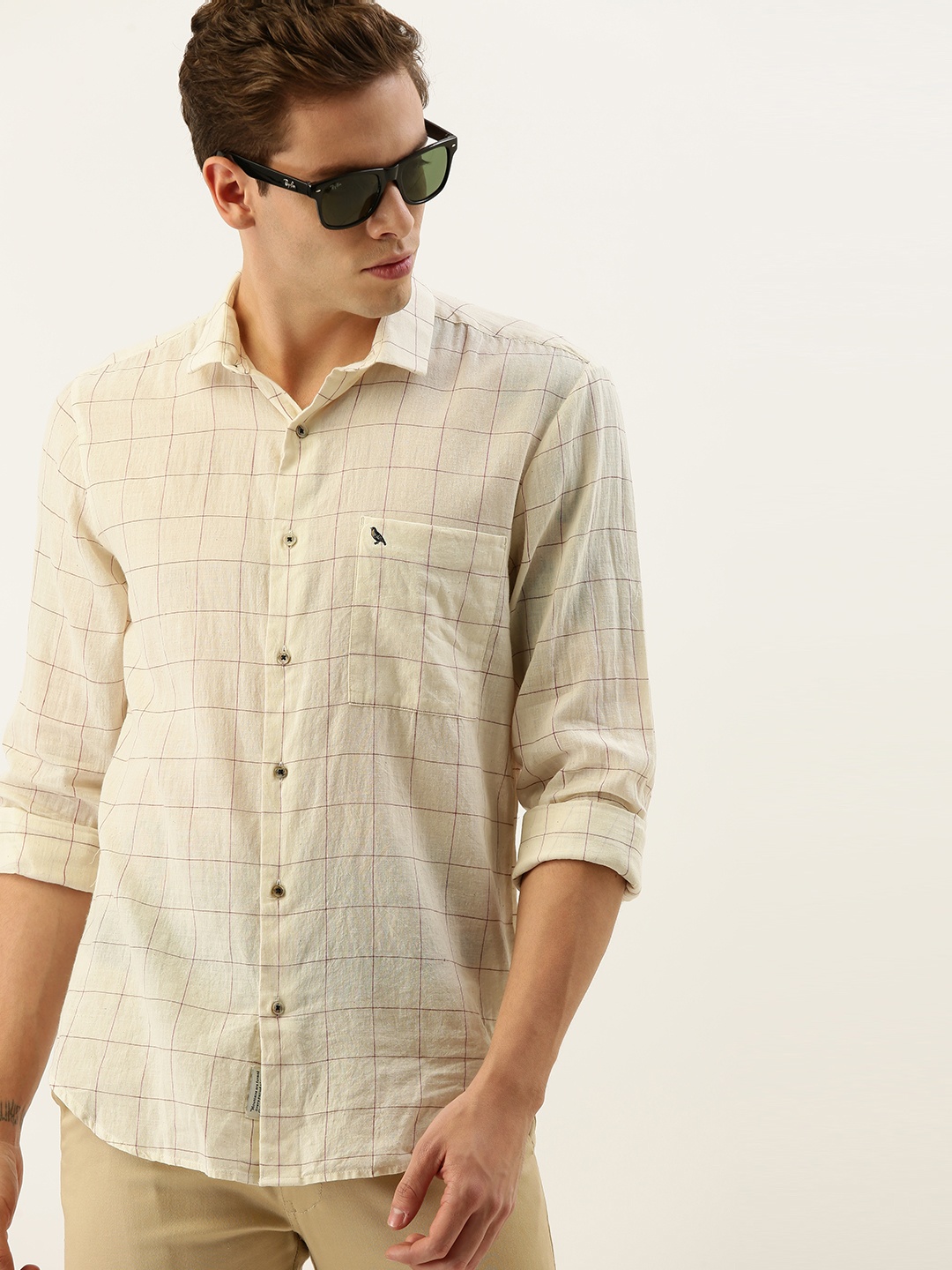 

Mr Bowerbird Men Off-White & Burgundy Tailored Fit Handwoven Windowpane Check Sustainable Shirt