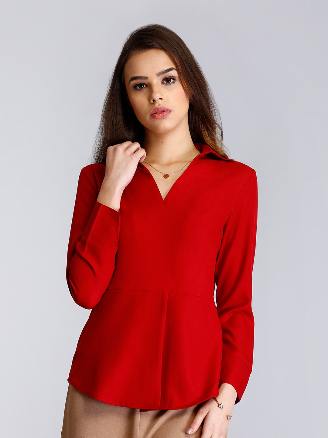 

FableStreet Red Pleated Shirt Collar Top