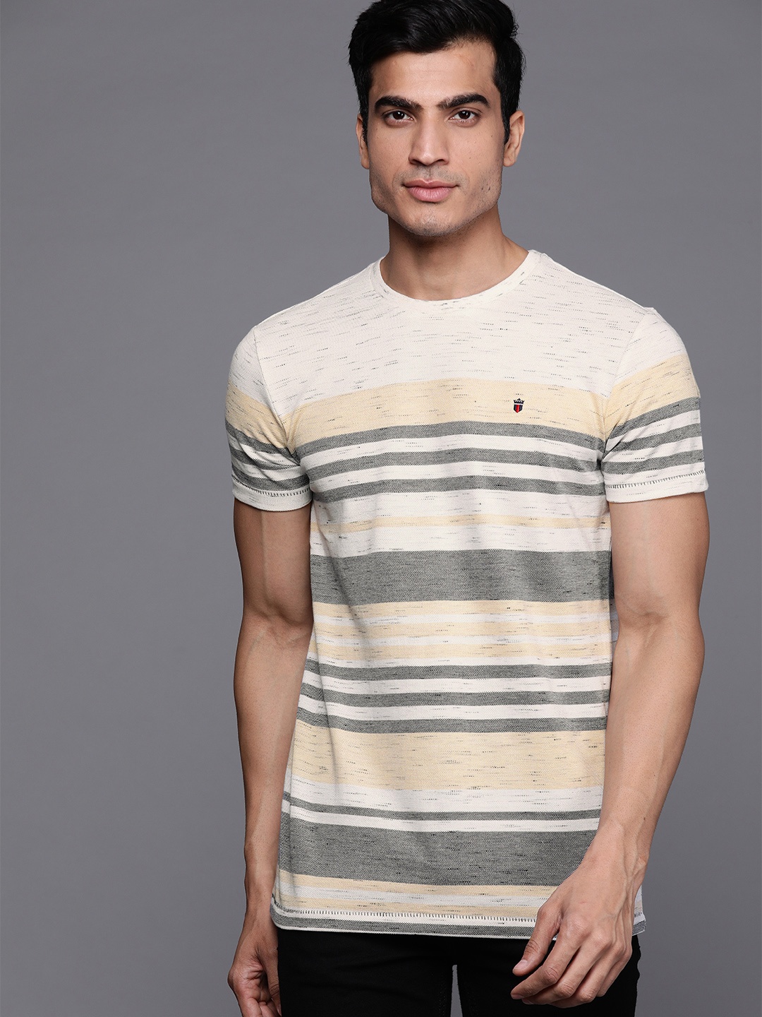 

Louis Philippe Jeans Men Off-White & Black Striped Round Neck T-shirt