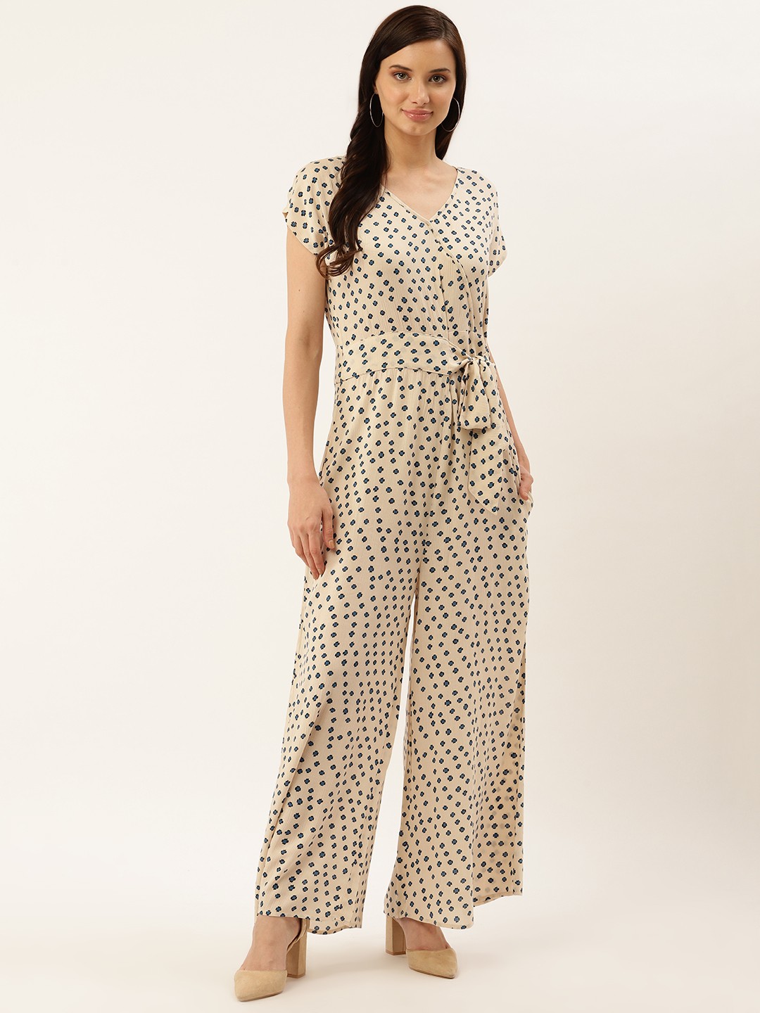 

Taurus Women Cream-Coloured & Blue Printed Basic Jumpsuit