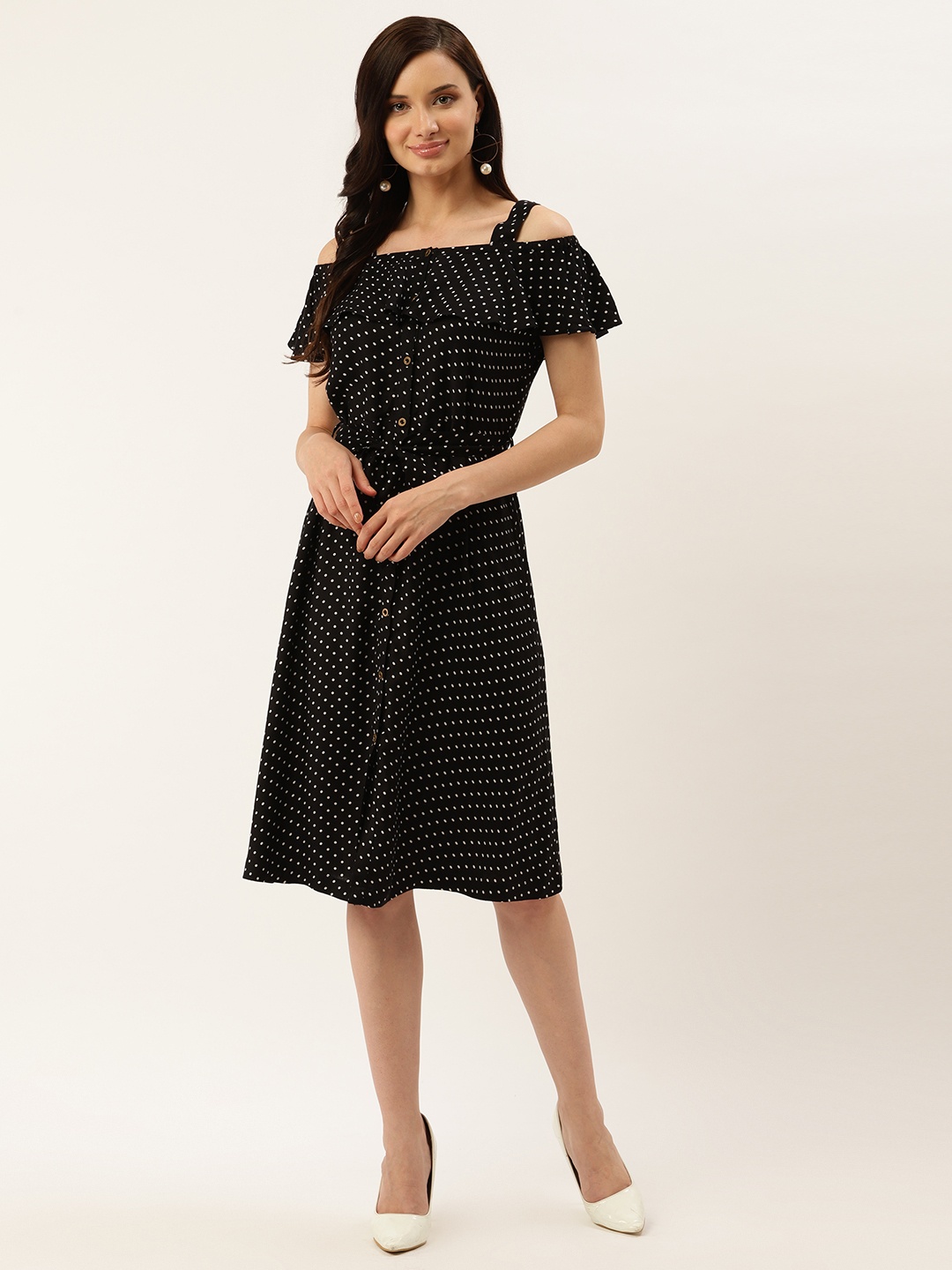 

Taurus Women Black & White Cold-Shoulder Printed A-Line Dress