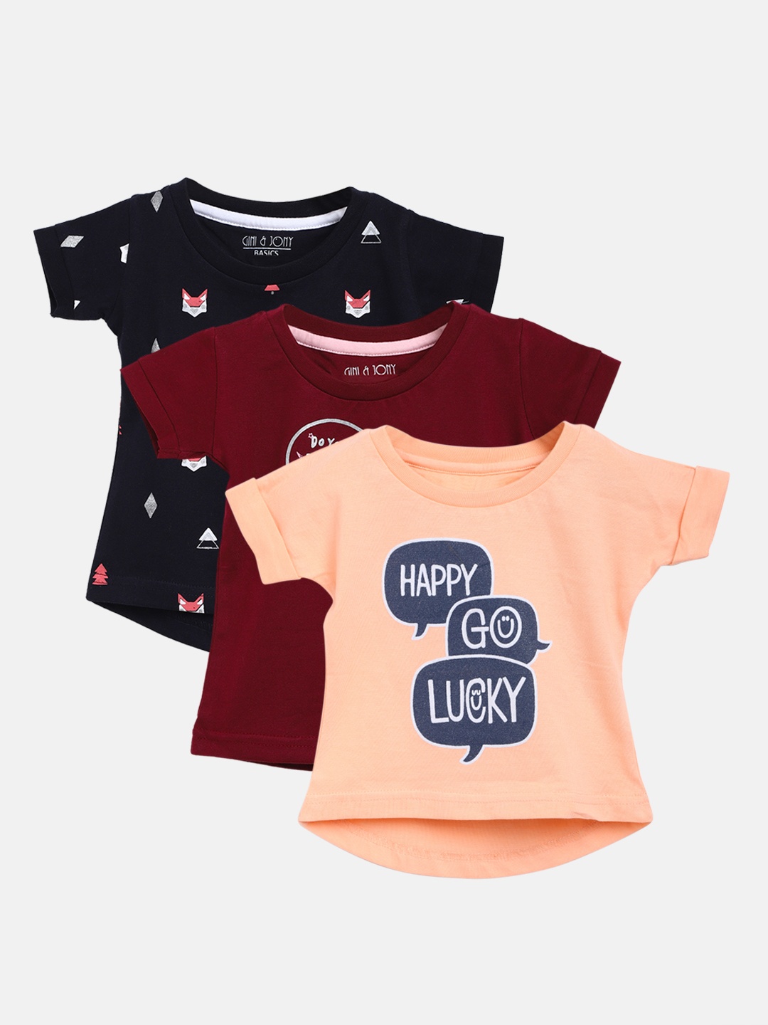 

Gini and Jony Girls Pack of 3 Printed Pure Cotton T-shirts, Navy blue