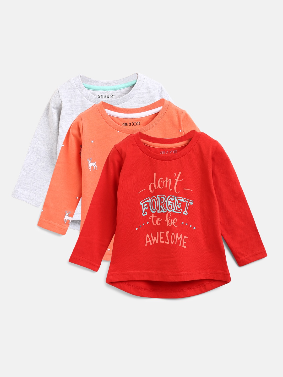 

Gini and Jony Girls Pack of 3 Printed Round Neck Pure Cotton T-shirts, Red