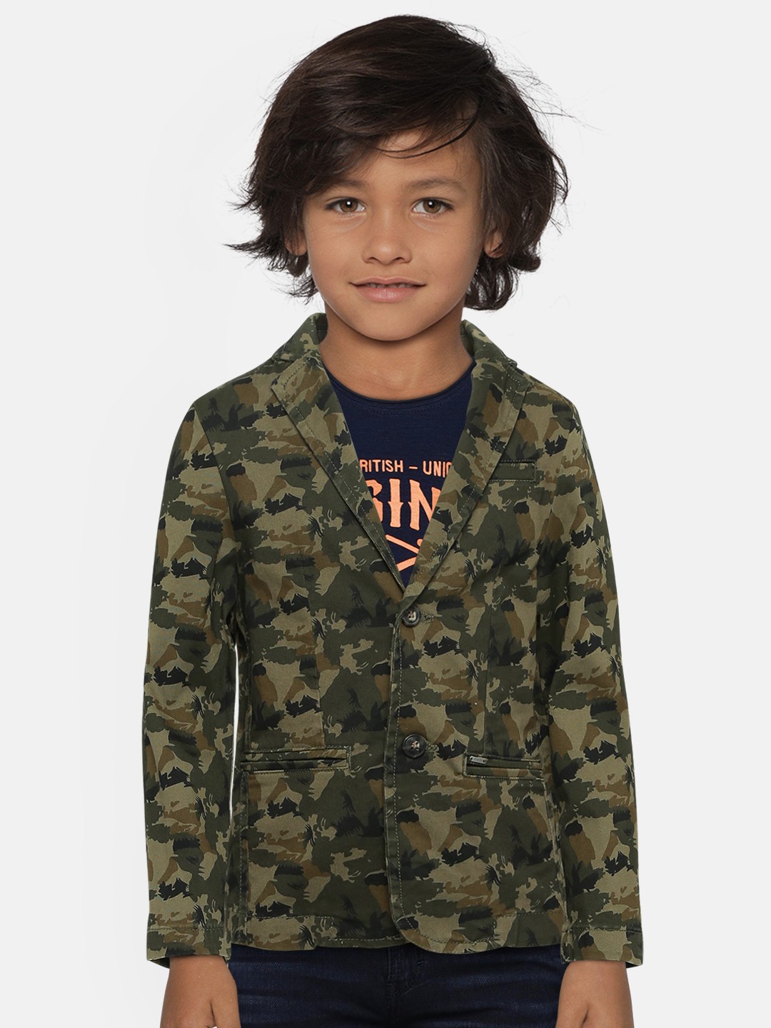 

Gini and Jony Boys Olive Green & Brown Camouflage Printed Single-Breasted Pure Cotton Blazer
