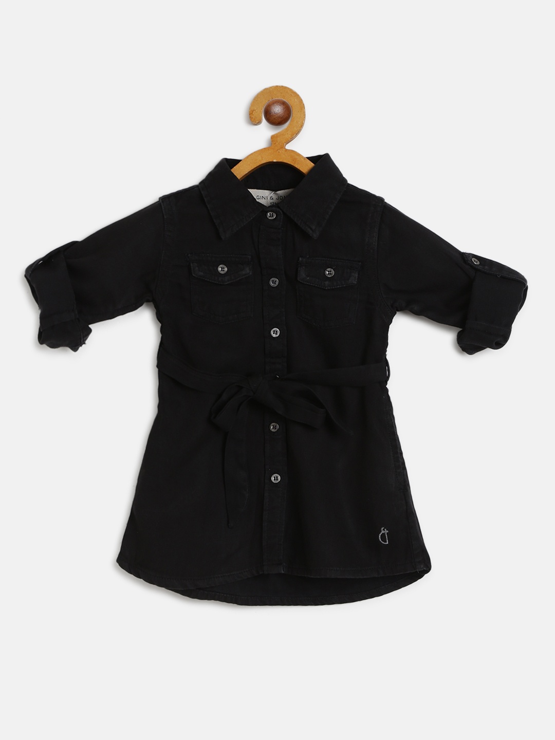 

Gini and Jony Girls Black Solid Denim Shirt Dress with Belt
