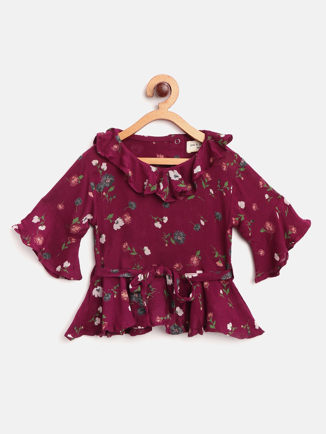 

Gini and Jony Infant Girls Maroon & Green Floral Print Ruffled A-Line Top