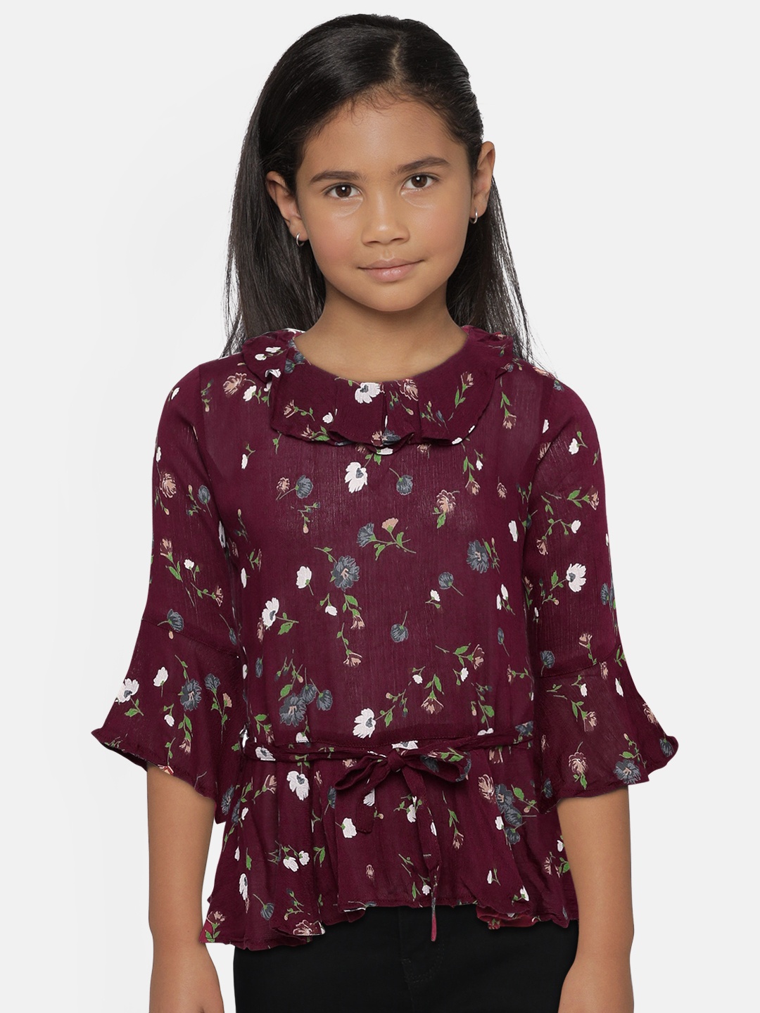 

Gini and Jony Girls Maroon Printed Peplum Top