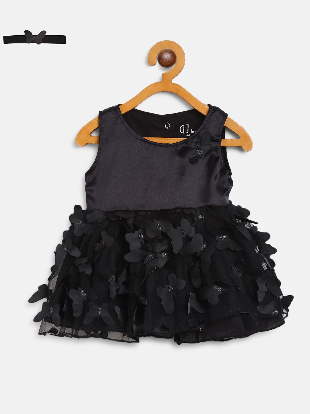 

Gini and Jony Girls Black Applique & Net Fit and Flare Dress with Hairband & Briefs