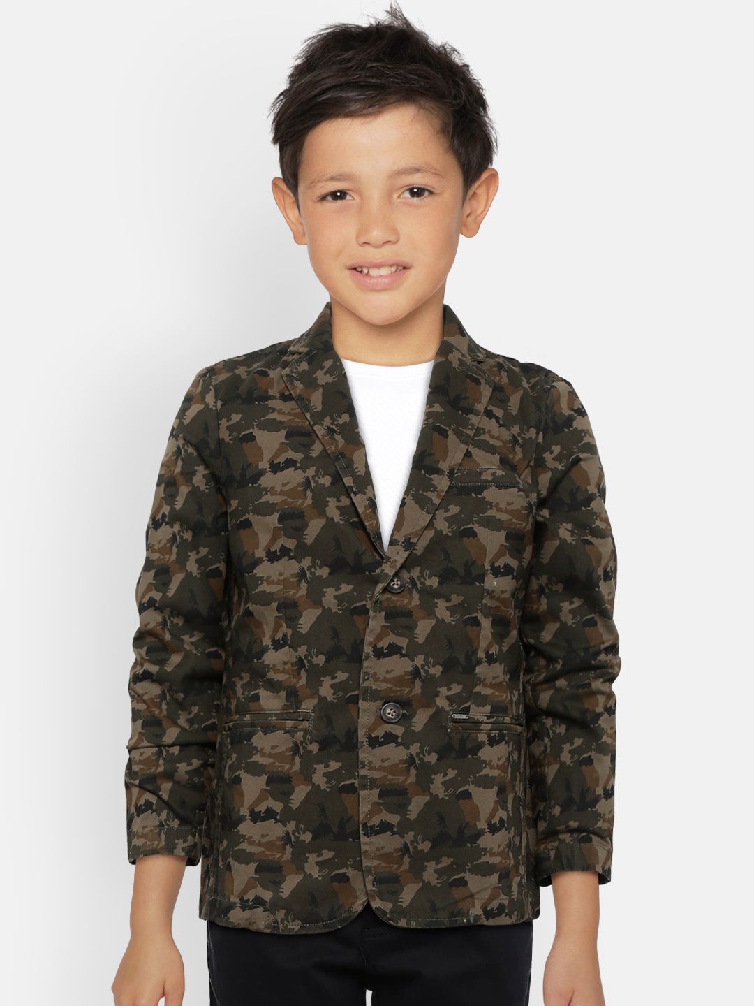 

Gini and Jony Boys Olive Green Camouflage Printed Single-Breasted Pure Cotton Blazer