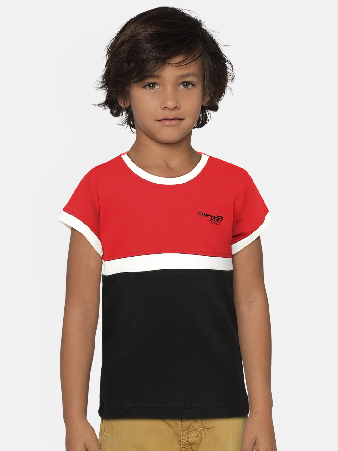 

Gini and Jony Boys Red & Black Colourblocked Round Neck T-shirt