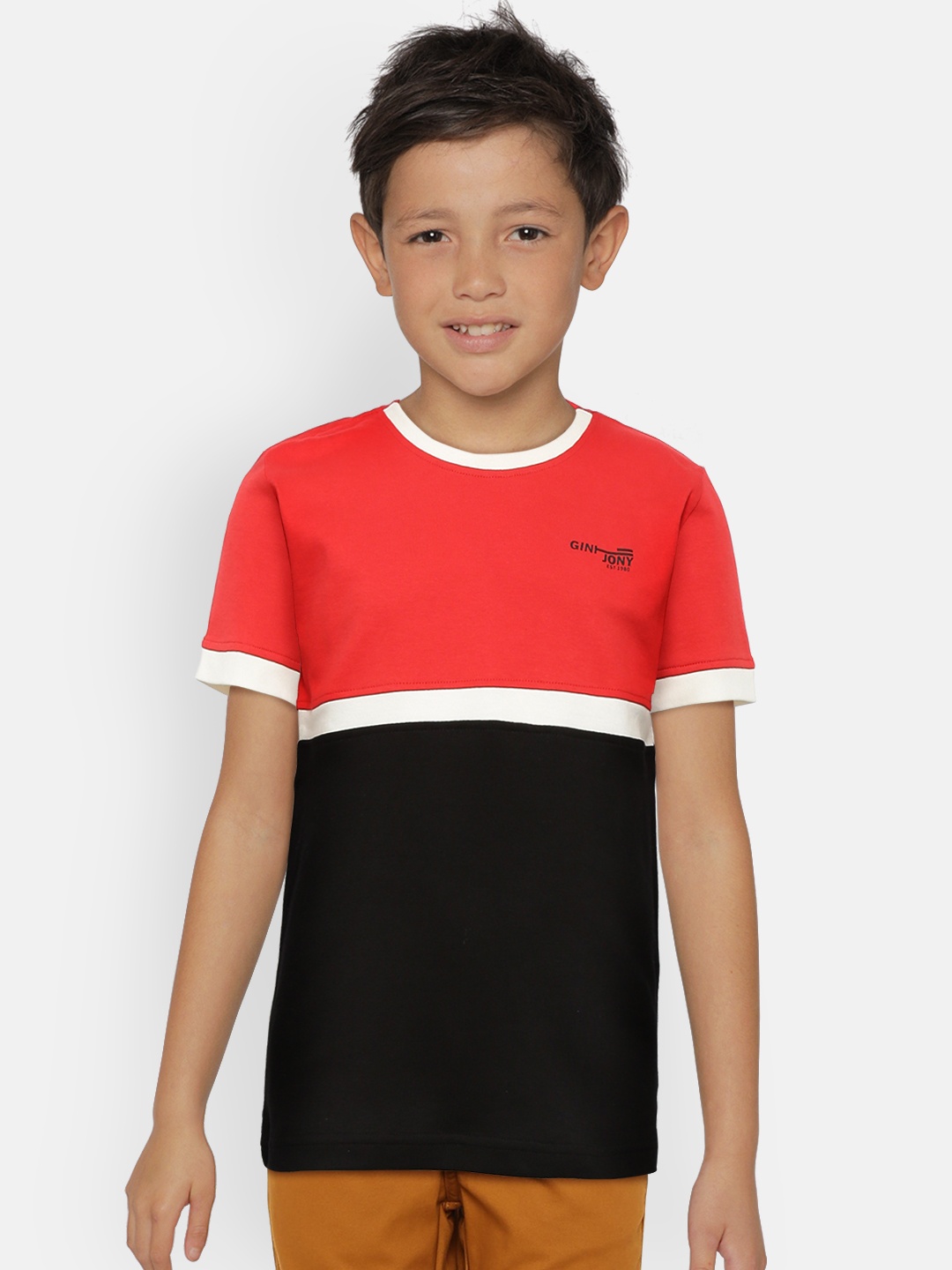 

Gini and Jony Boys Black Red Colourblocked Round Neck Pure Cotton T-shirt