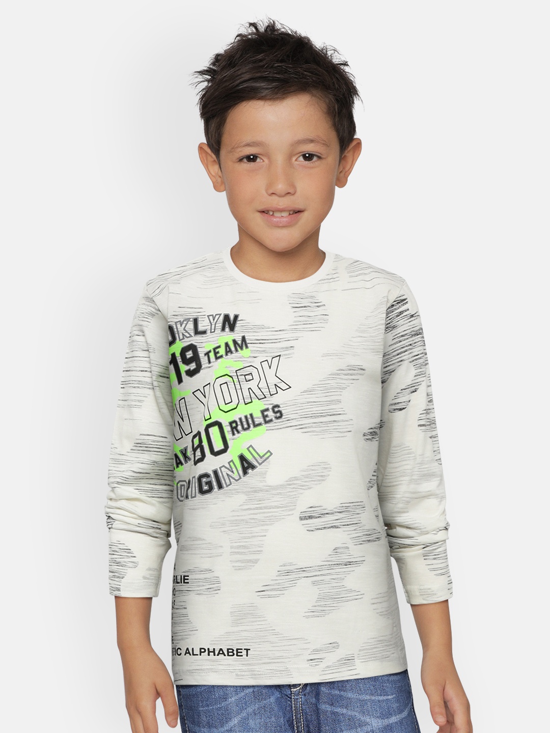 

Gini and Jony Boys Off-White Charcoal Grey Printed Round Neck Pure Cotton T-shirt
