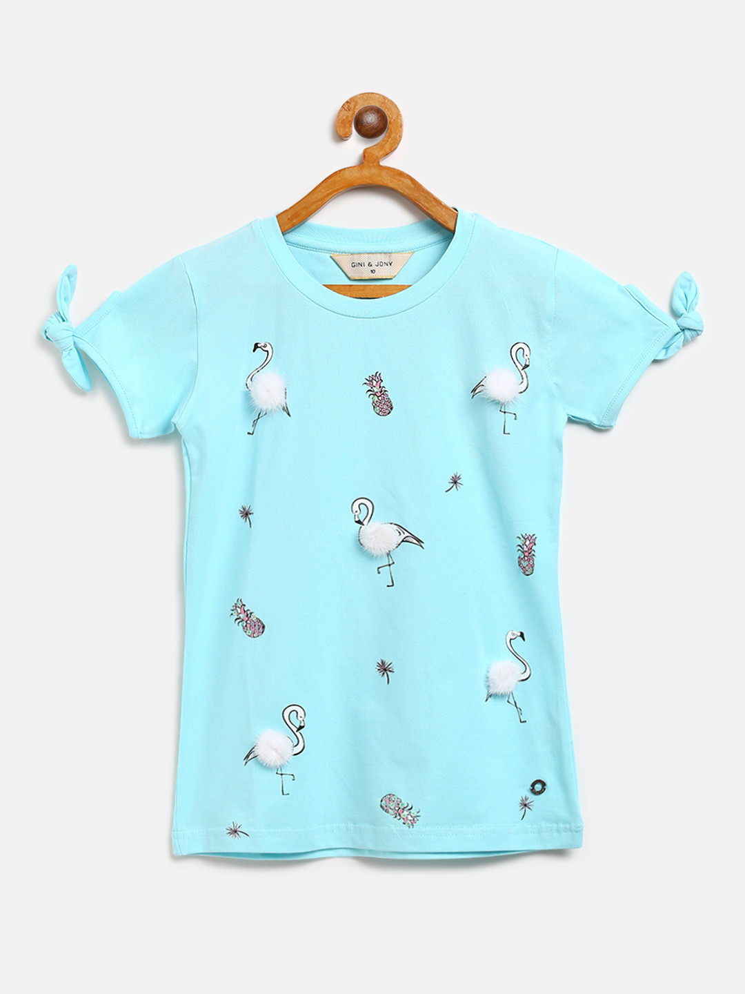 

Gini and Jony Girls Blue Printed Top with Pom Pom Detail