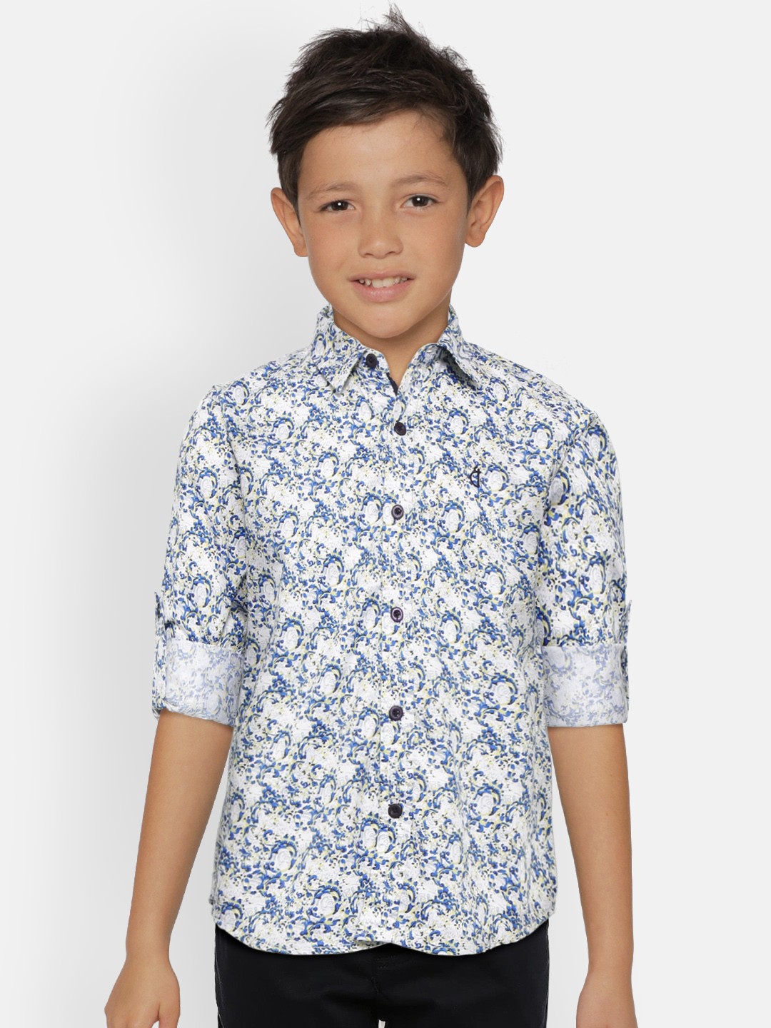

Gini and Jony Boys White & Blue Slim Fit Ethnic Motif Print Casual Shirt