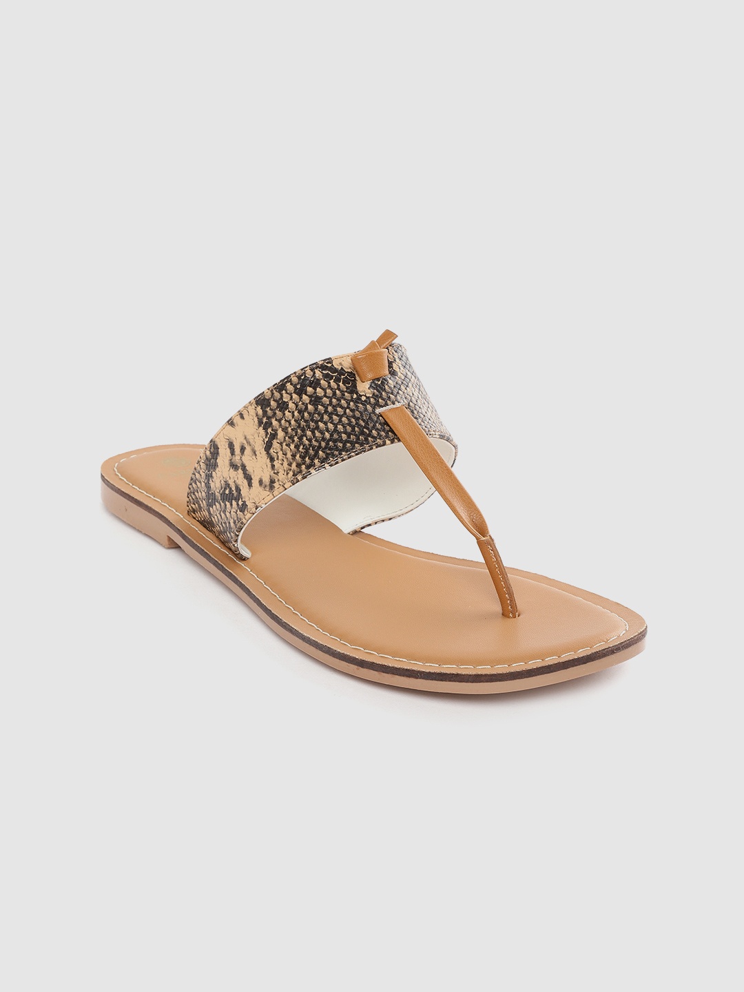 

Carlton London Women Beige & Black Snakeskin Textured T-Strap Flats