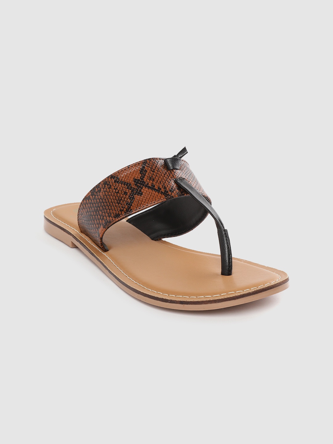 

Carlton London Women Brown & Black Snakeskin Textured T-Strap Flats