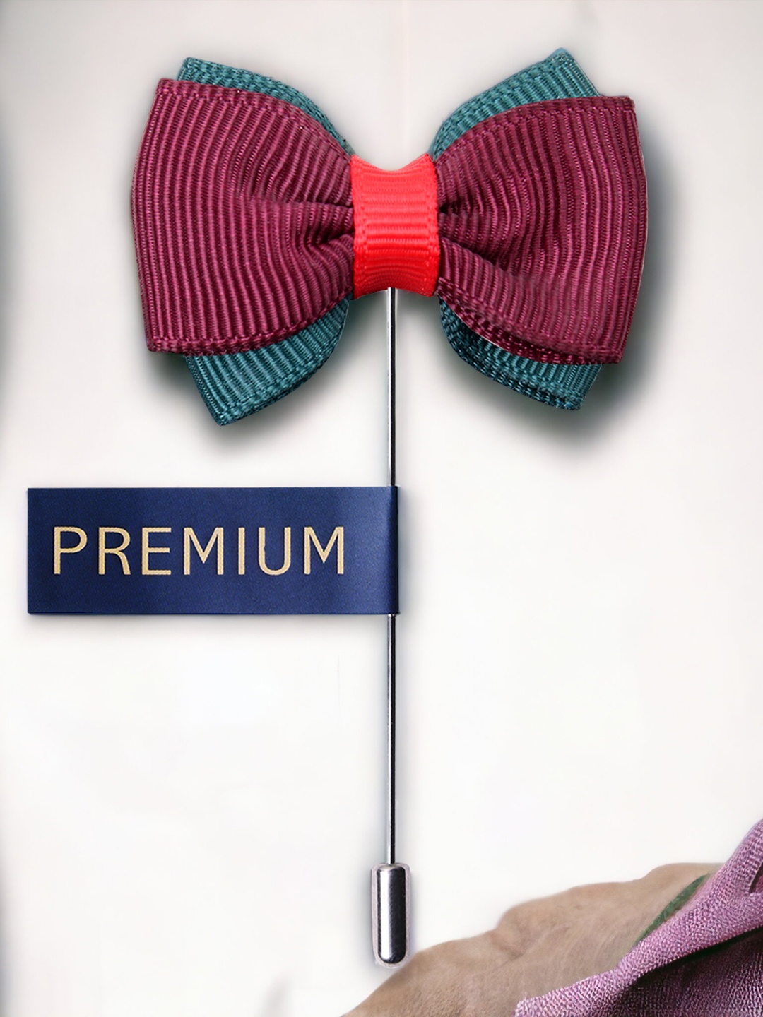 

PELUCHE Unisex Maroon & Teal Blue Bow Lapel Pin