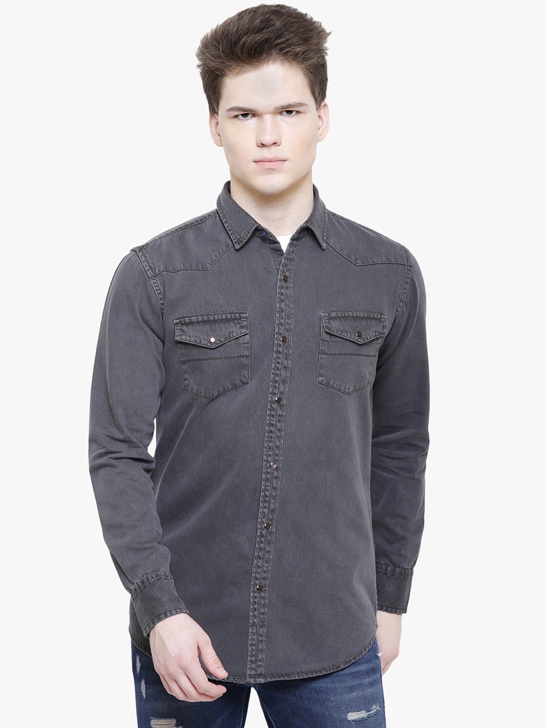 

Southbay Men Grey Smart Slim Fit Solid Casual Denim Shirt