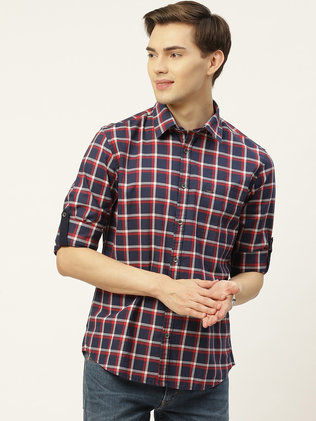 

Lee Cooper Men Navy Blue & Red Regular Fit Checked Pure Cotton Casual Shirt