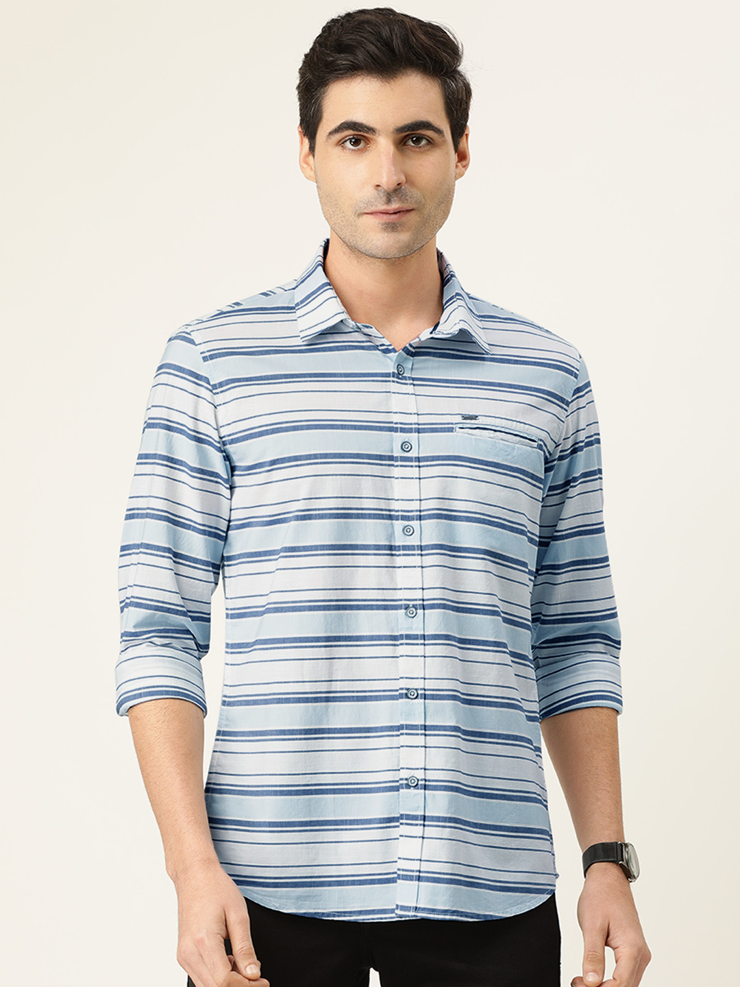 

Lee Cooper Men Blue & White Regular Fit Striped Casual Shirt