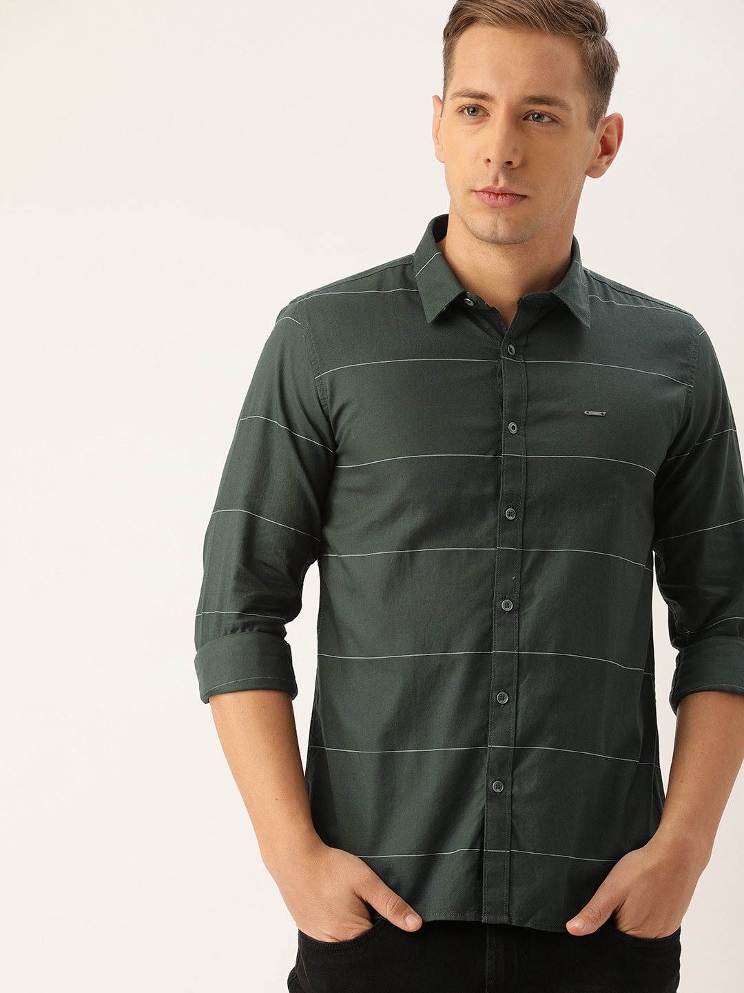 

Lee Cooper Men Green & White Regular Fit Striped Casual Shirt