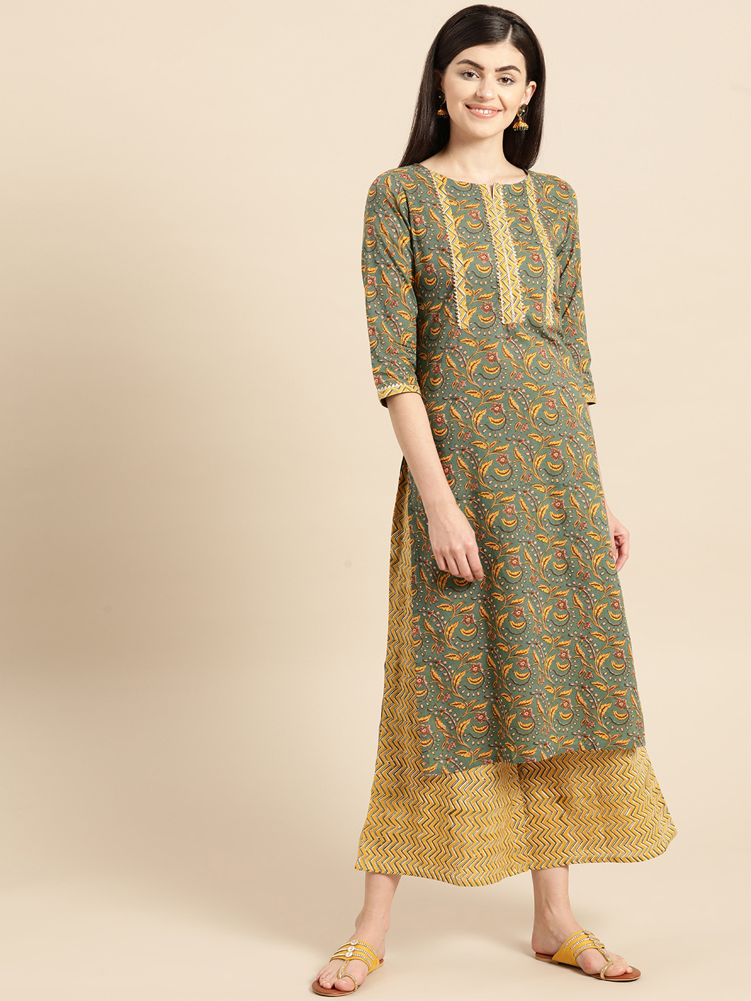

Varanga Women Olive Green & Mustard Yellow Printed Kurta with Palazzos