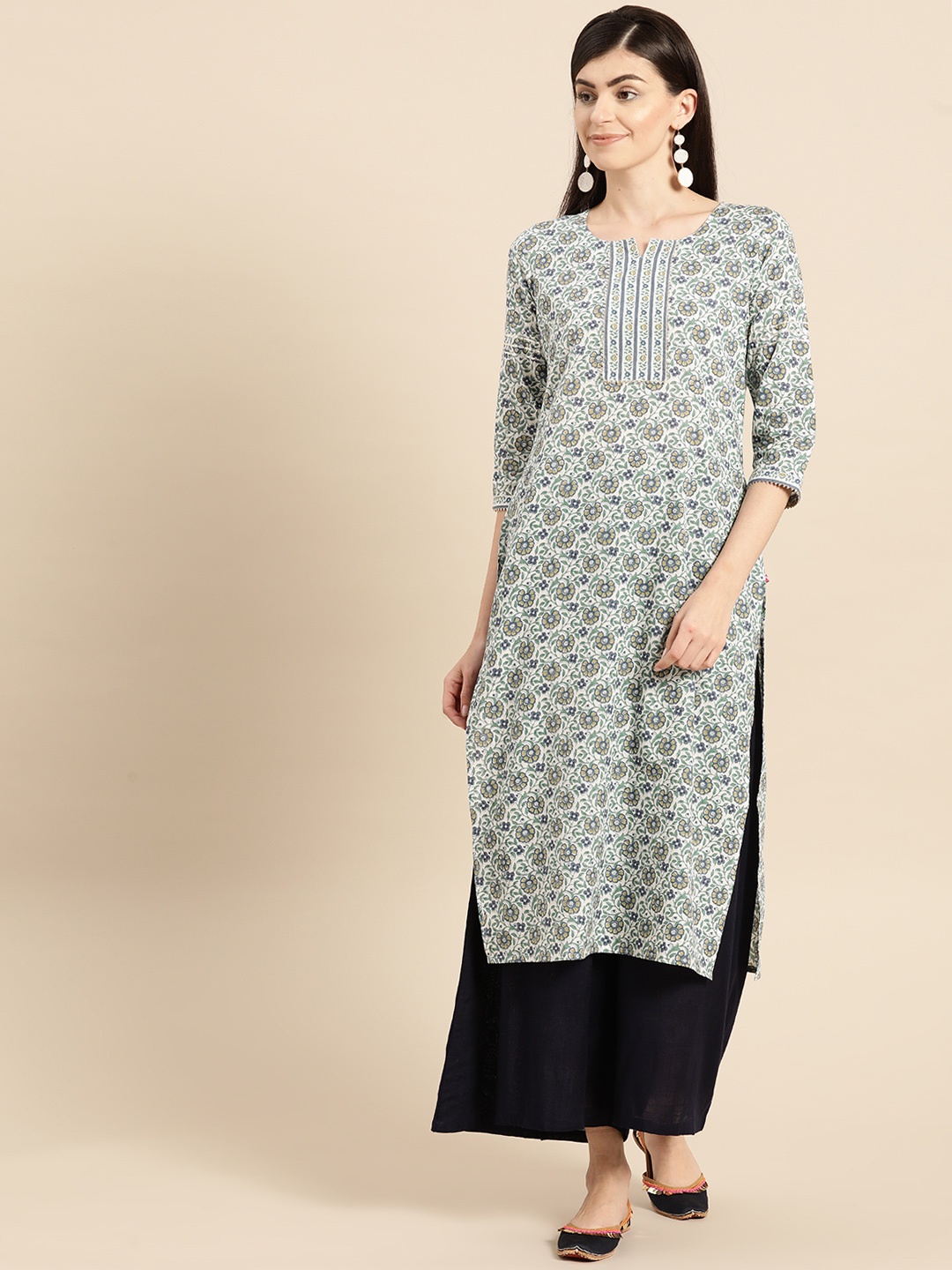 

Varanga Women White & Green Printed Straight Kurta