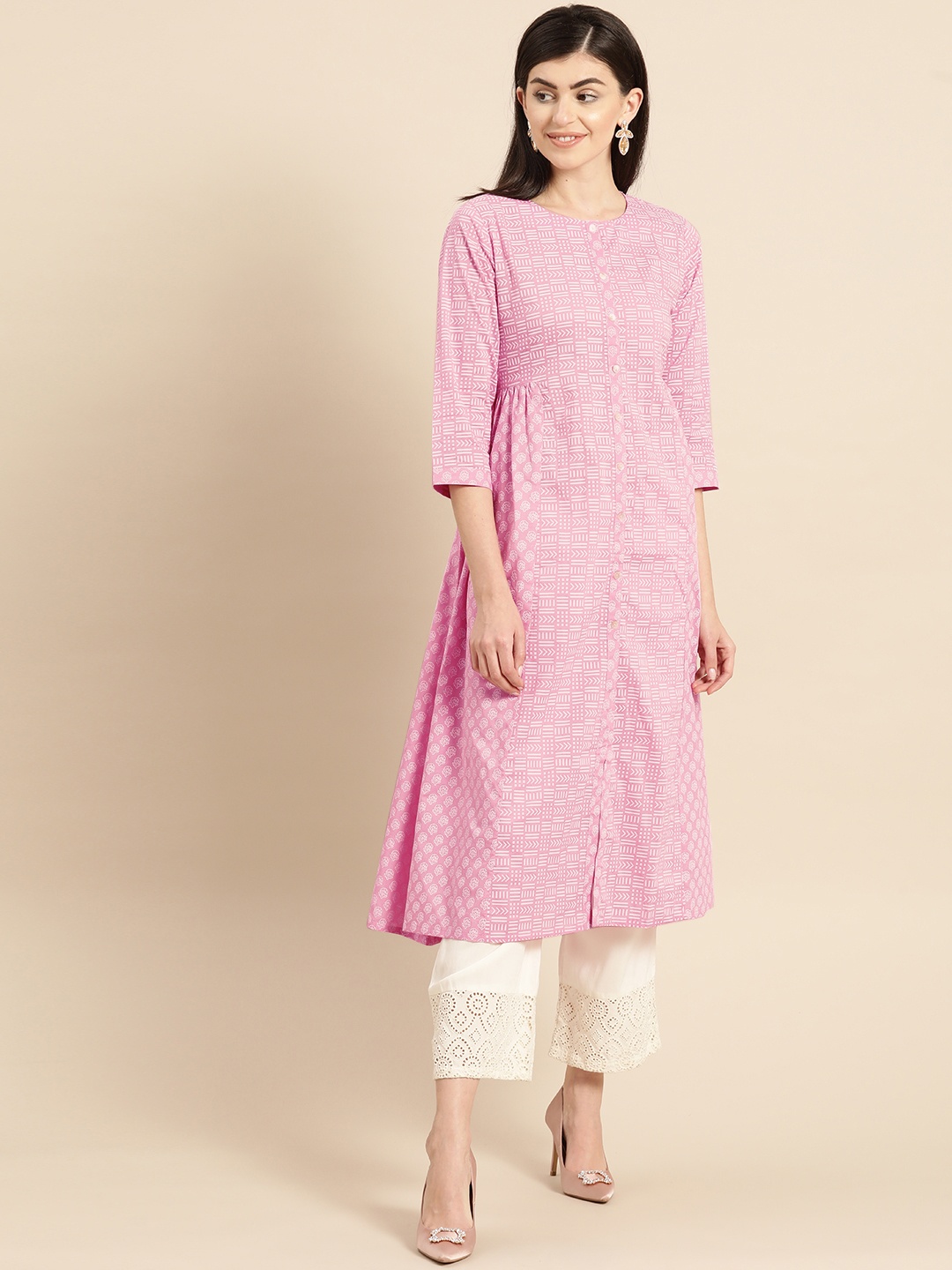 

Varanga Women Pink & White Printed A-Line Kurta