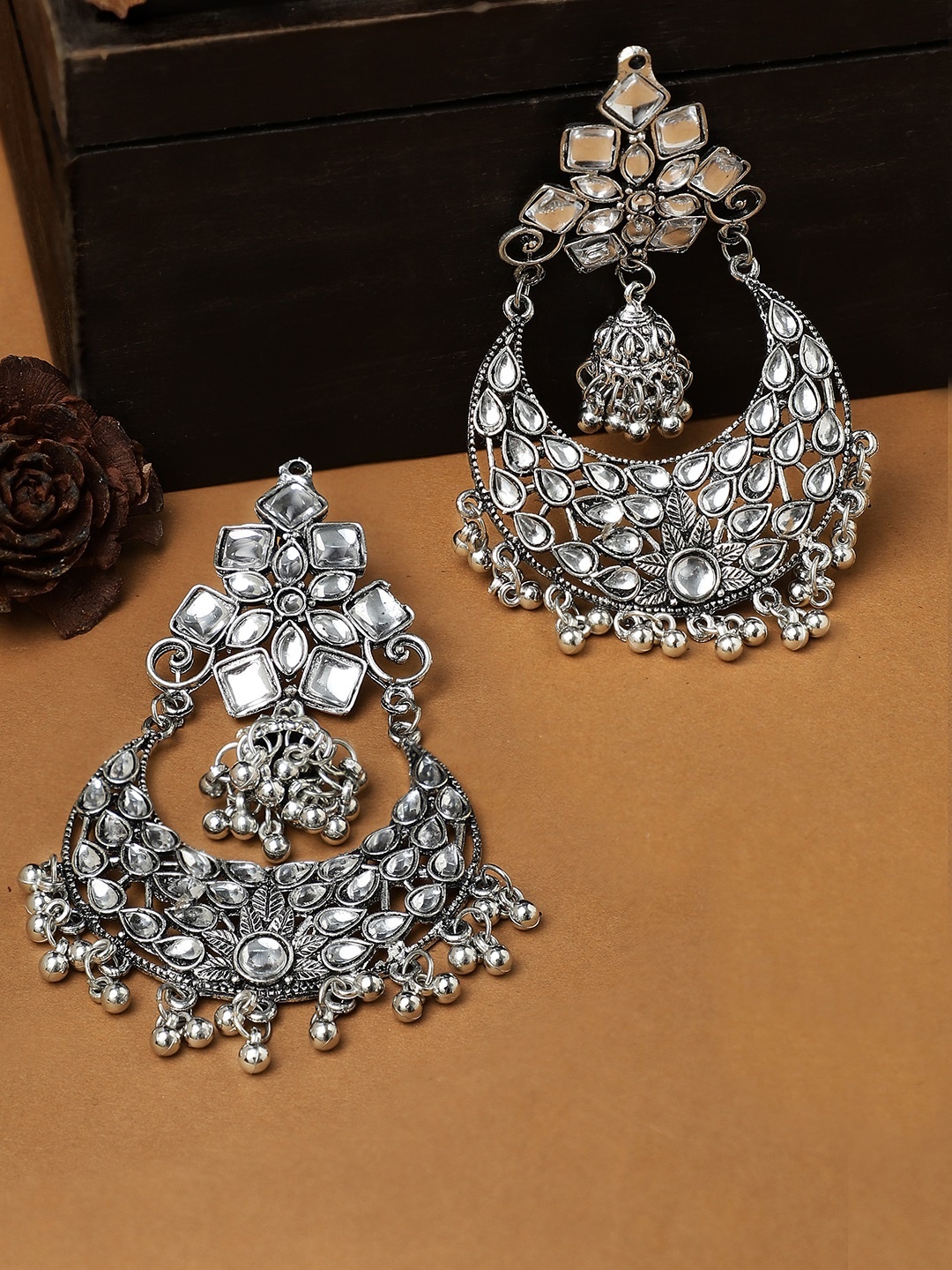 

Rubans Silver-Plated Oxidised Classic Kundan Studded Chandbalis