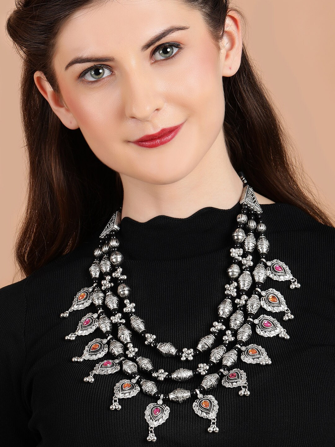 

Rubans Silver Plated Oxidised Baho Necklace