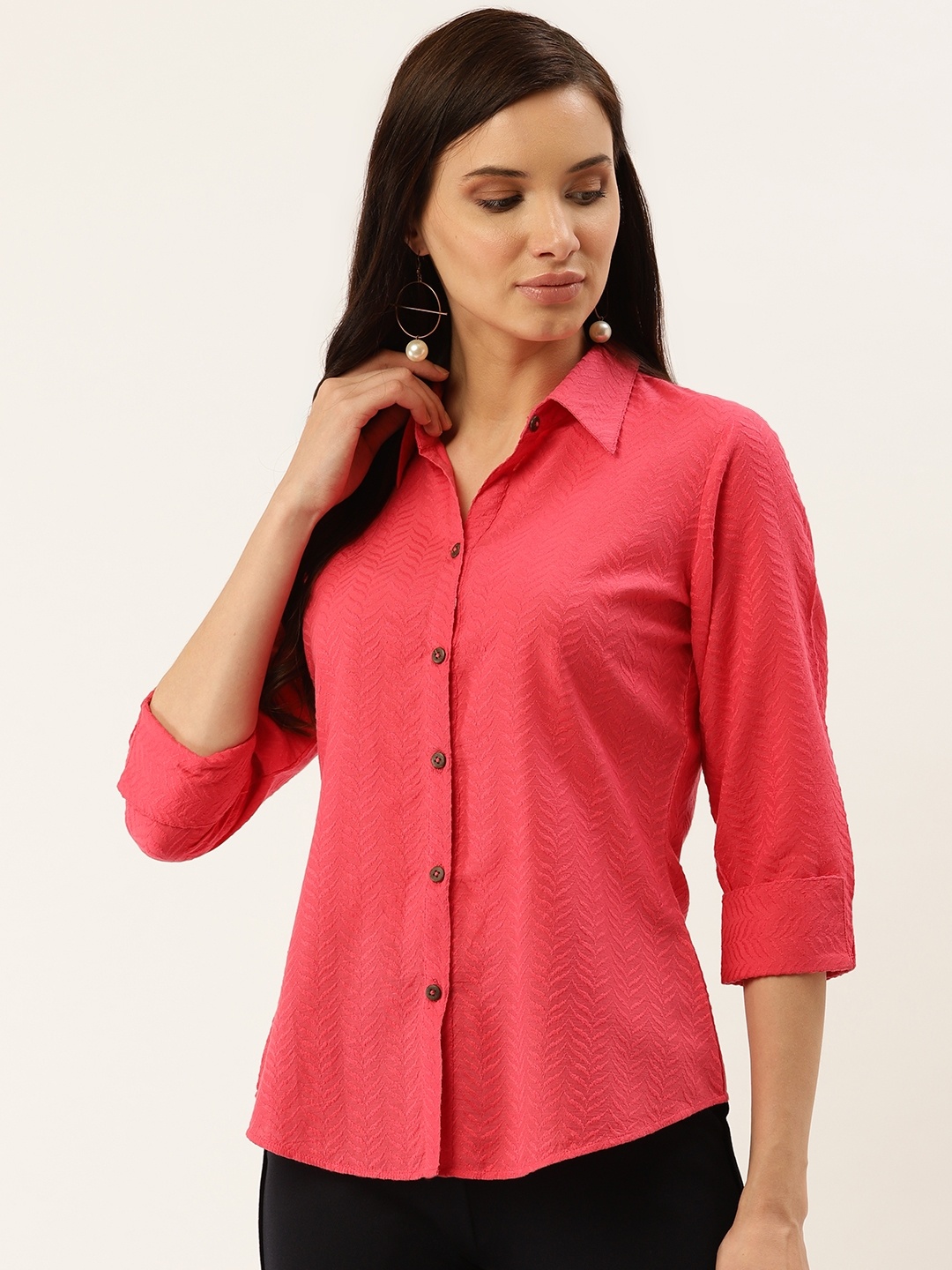 

Taurus Women Coral Pink Self-Design Casual Shirt