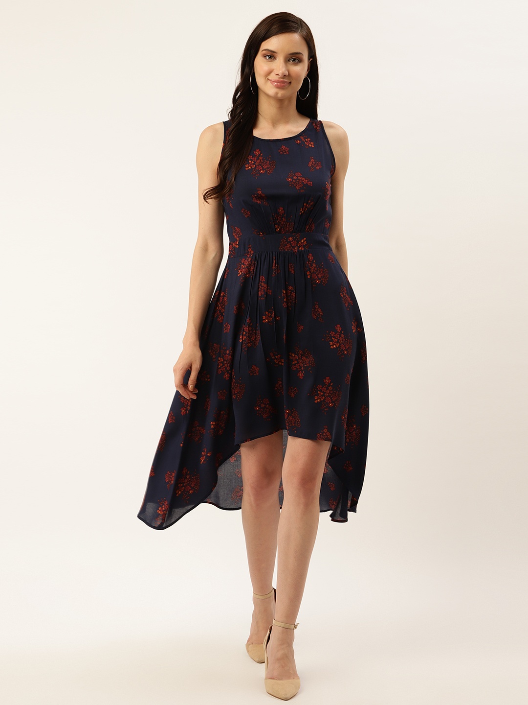 

Taurus Women Navy Blue & Rust Red Floral Print High-Low A-Line Dress