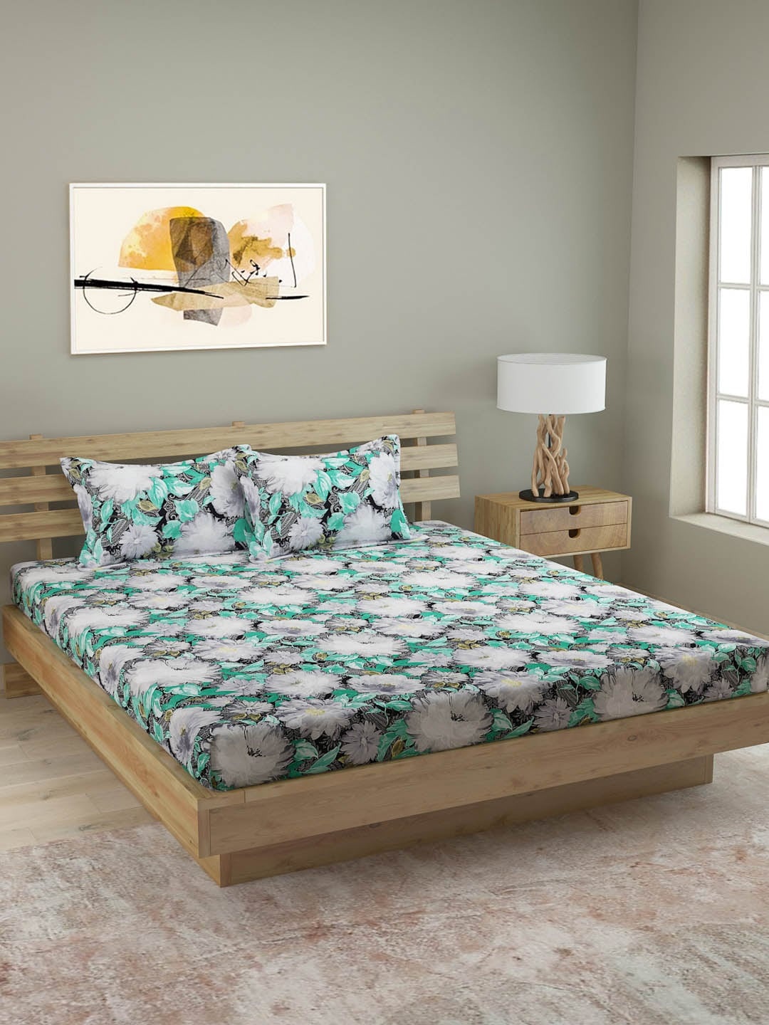 

ROMEE Grey & Green Floral 250 TC Cotton 1 King Bedsheet with 2 Pillow Covers