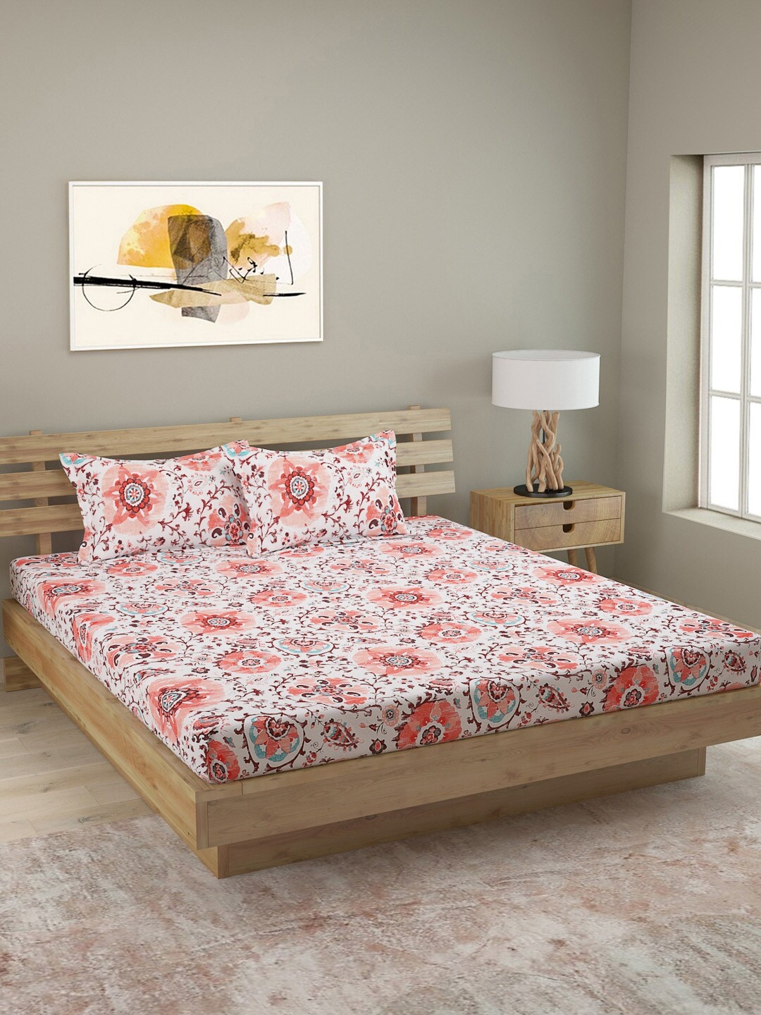 

ROMEE Off-White & Red Floral 180 TC Cotton 1 King Bedsheet with 2 Pillow Covers