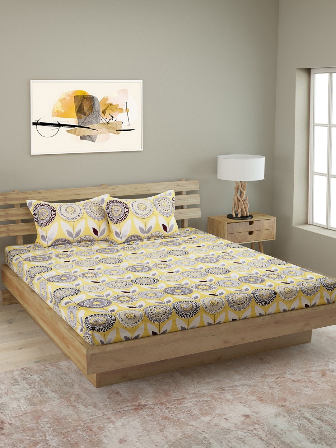 

ROMEE Yellow & Grey Floral 250 TC Cotton 1 King Bedsheet with 2 Pillow Covers