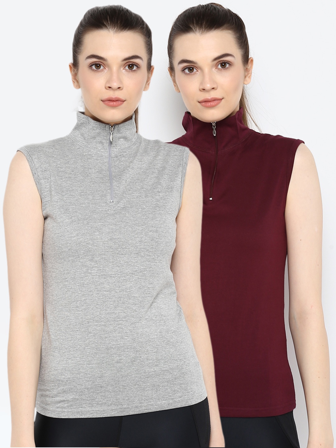 

appulse Women Pack of 2 Solid High Neck Sleeveless T-shirts, Grey melange