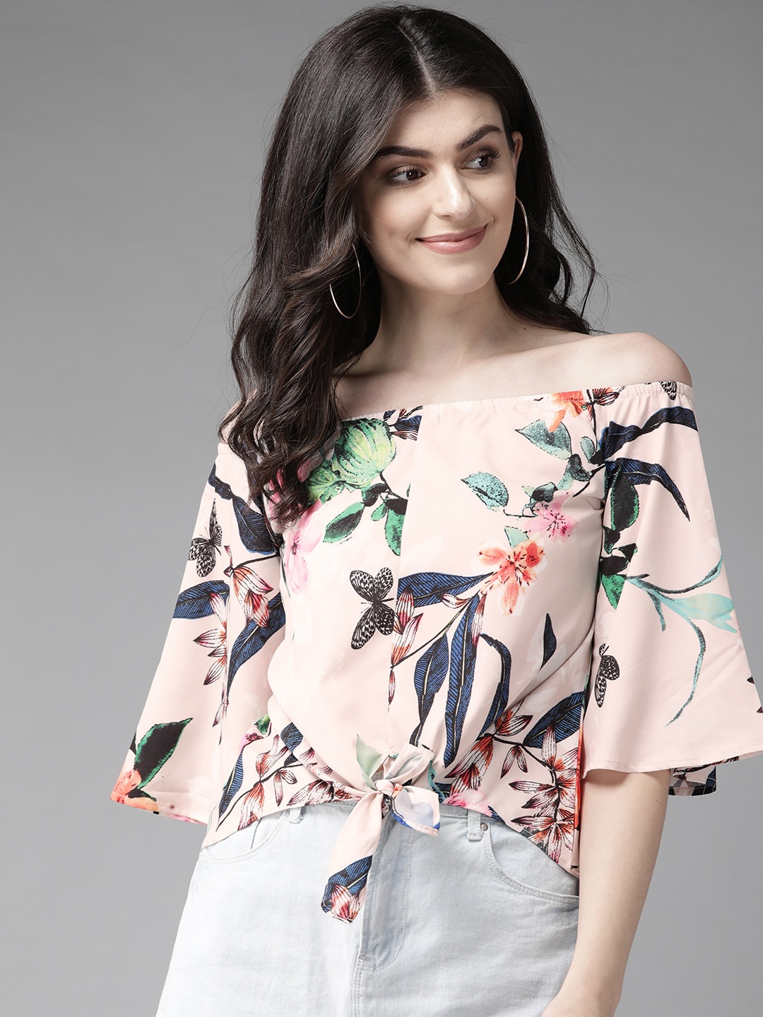 

MISH Women Peach-Coloured & Navy Blue Floral Printed Bardot Top