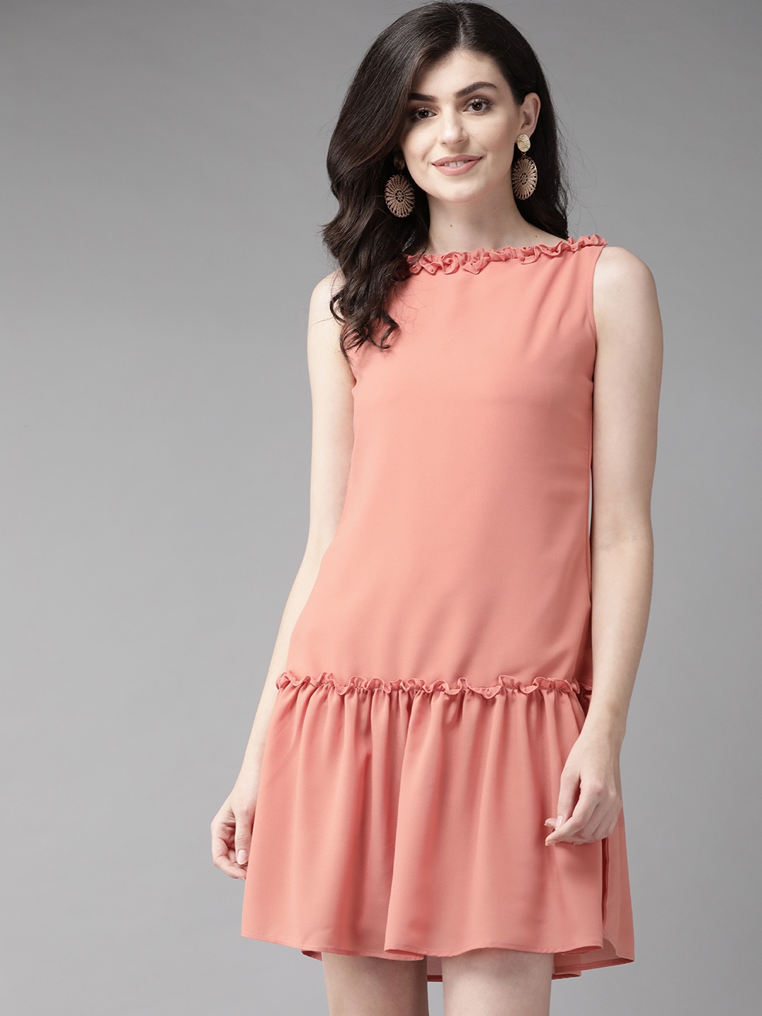 

MISH Women Peach-Coloured Solid Drop-Waist Dress