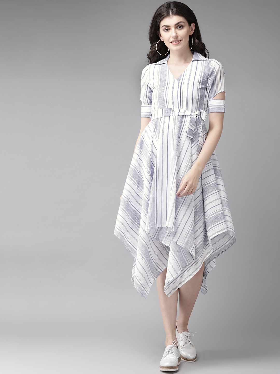 

MISH Women White & Blue Striped Asymmetric Hem A-Line Dress