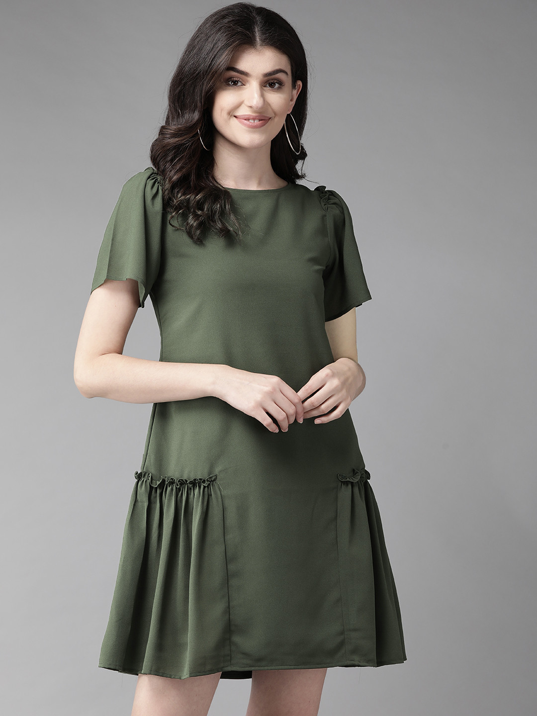 

MISH Women Olive Green Solid A-Line Dress