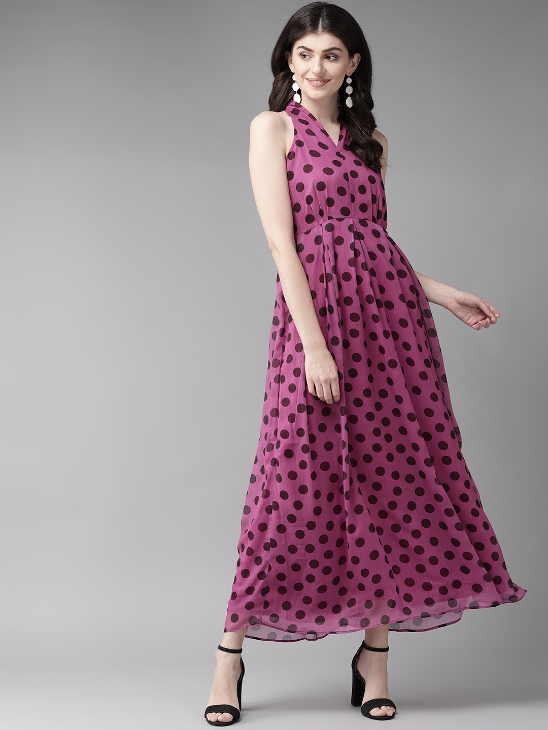 

MISH Women Pink & Black Polka Dot Print Maxi Dress