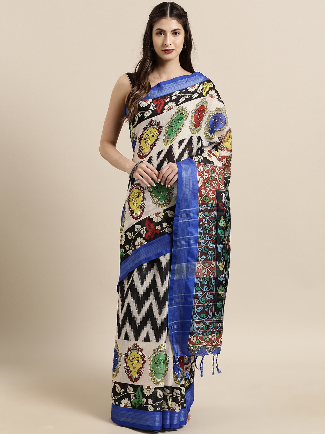 

VASTRANAND White & Blue Linen Blend kalamkari Printed Saree