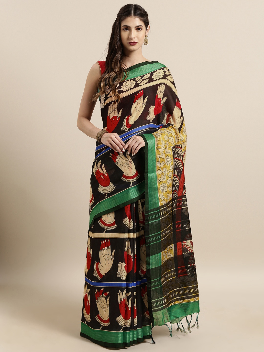 

VASTRANAND Black & Red Linen Blend kalamkari Printed Saree