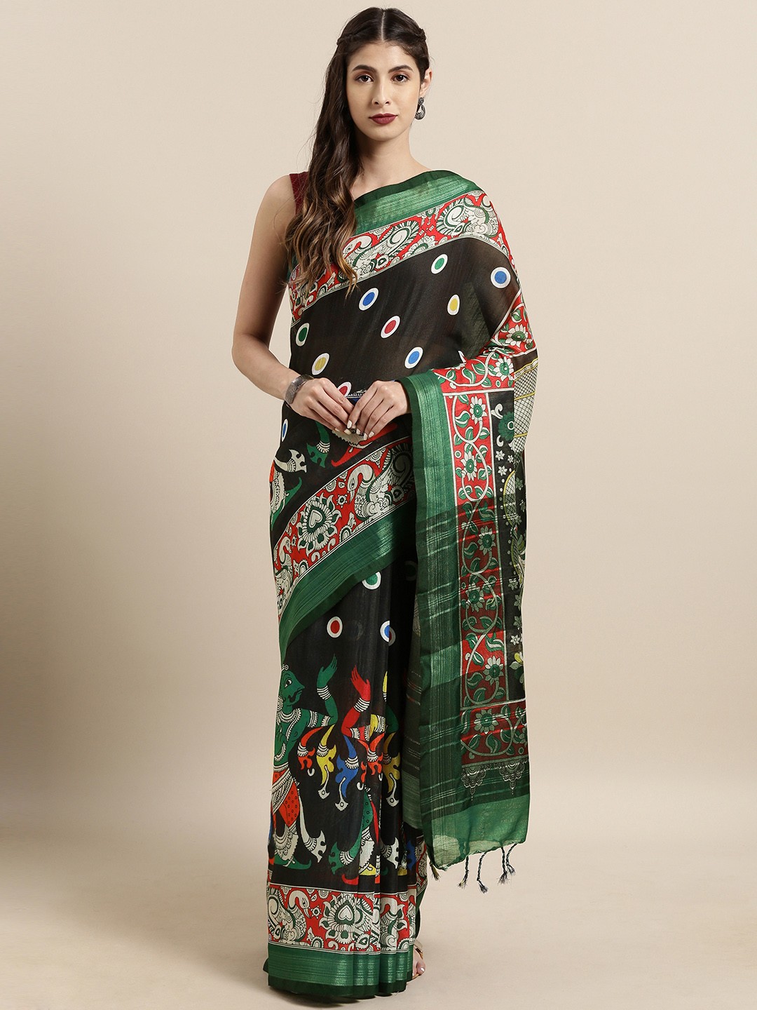 

VASTRANAND Black & Green Linen Blend kalamkari Printed Saree