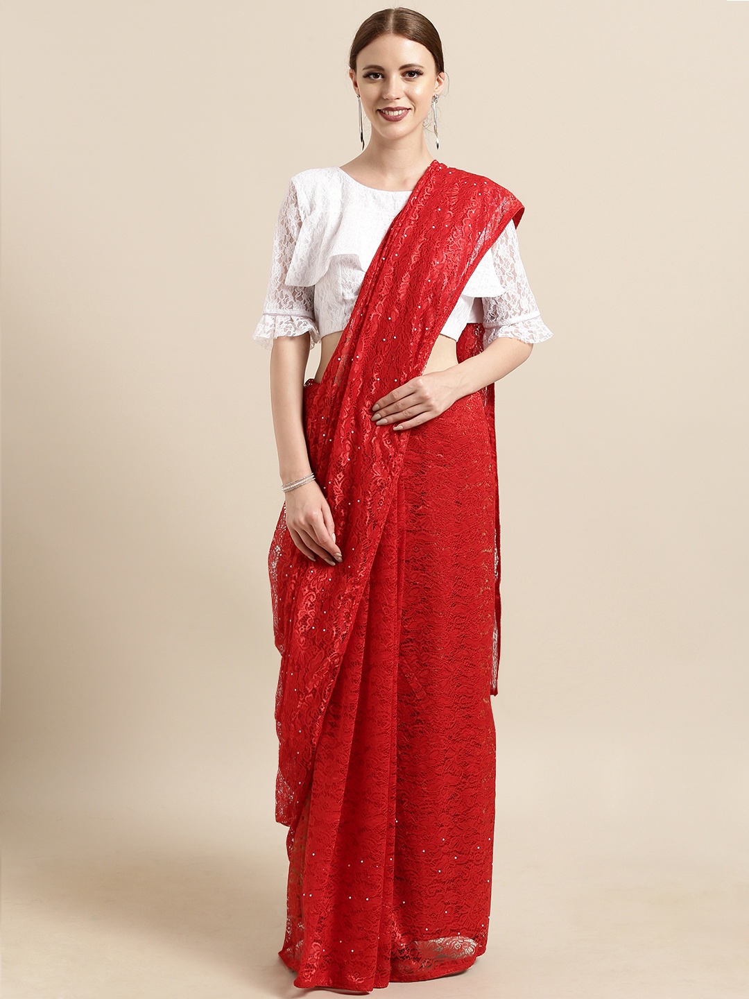 

Satrani Red Embellished Woven Design Net Saree