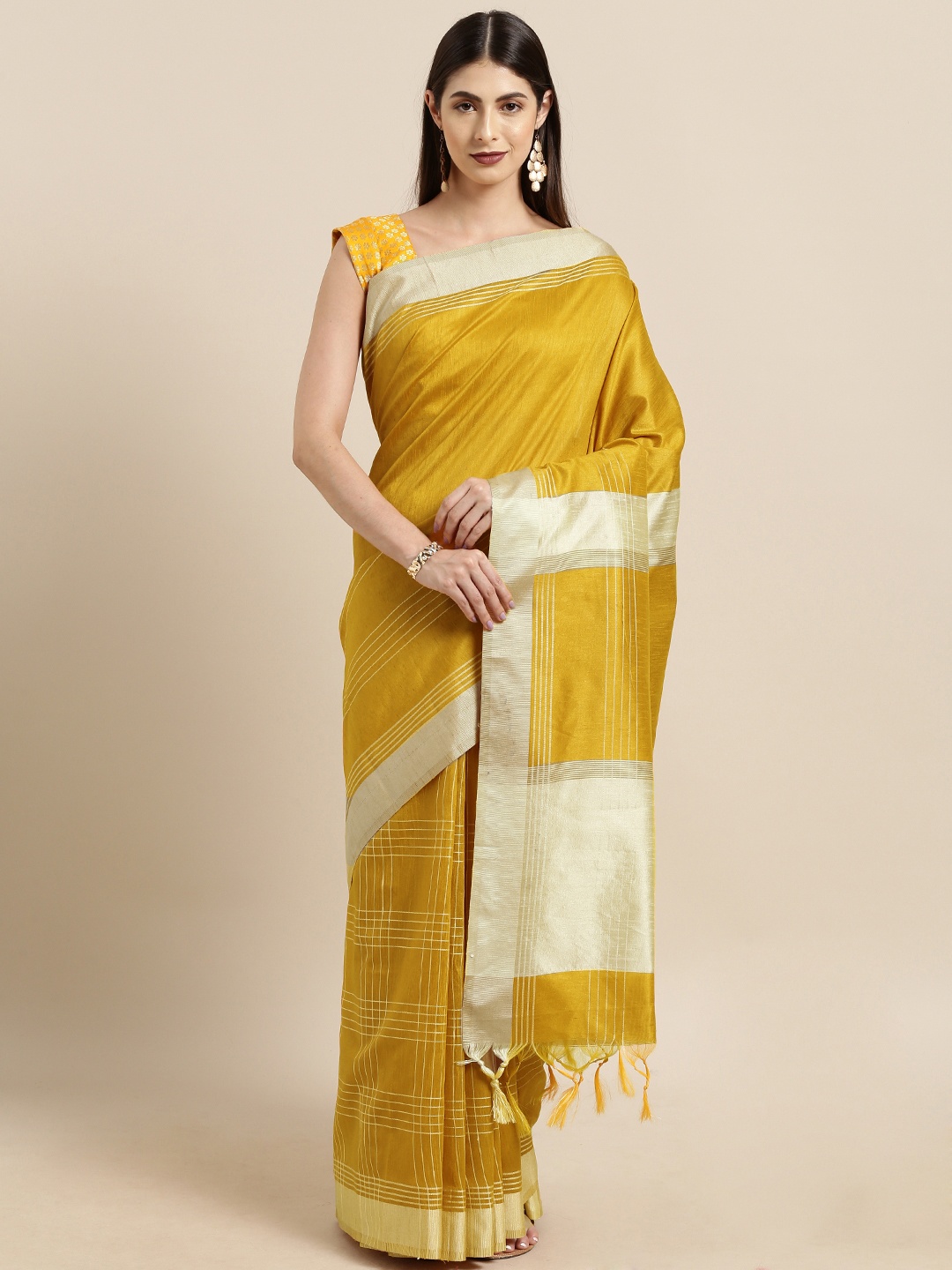 

Satrani Yellow & Beige Silk Blend Woven Design Saree