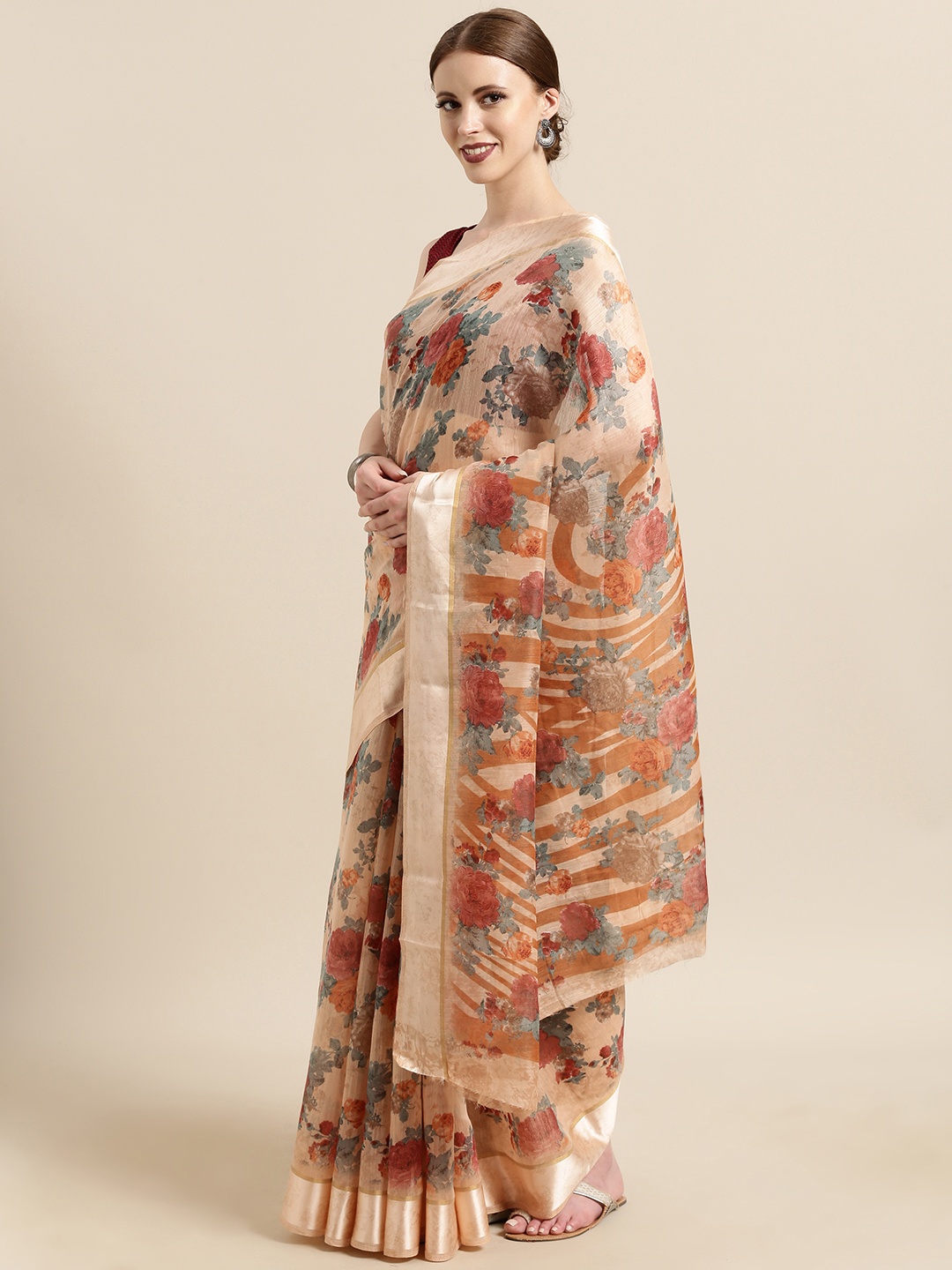 

Satrani Peach-Coloured Printed Polycotton Saree