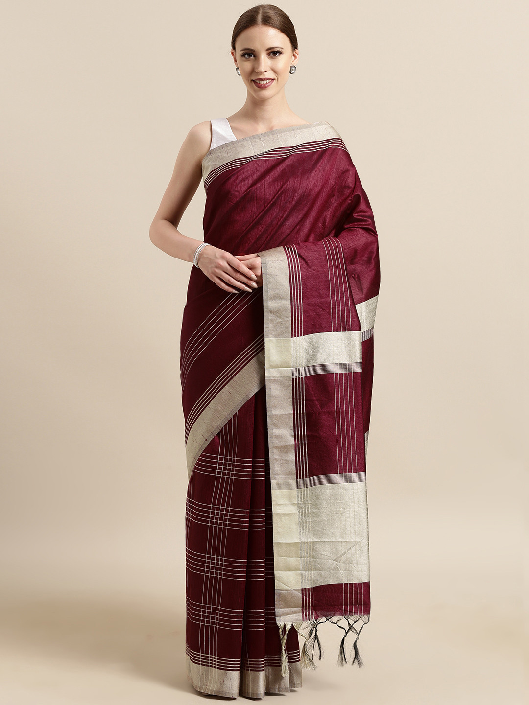 

Satrani Maroon & Beige Silk Blend Striped Saree