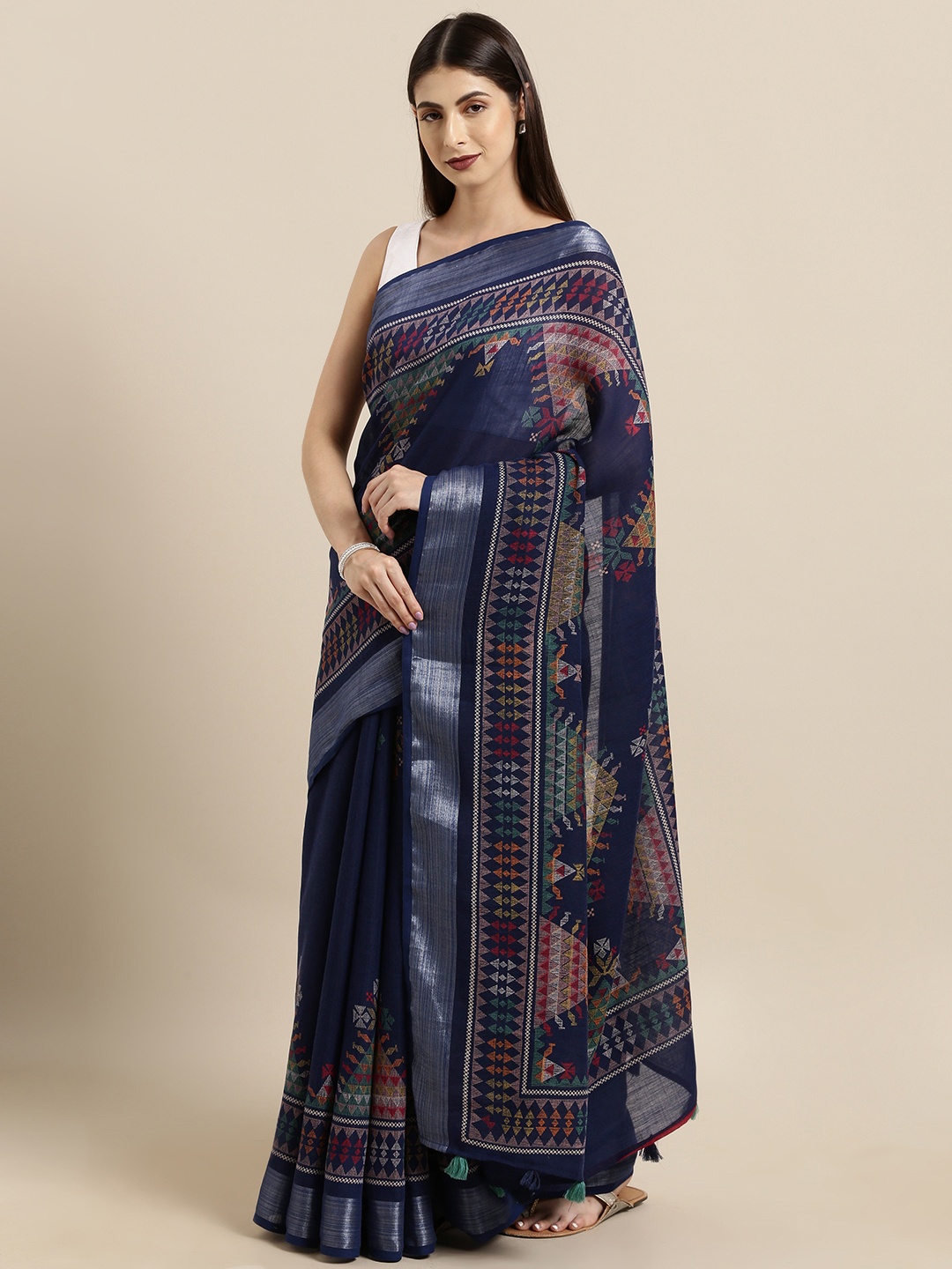 

Satrani Navy Blue Pure Cotton Printed Khadi Saree