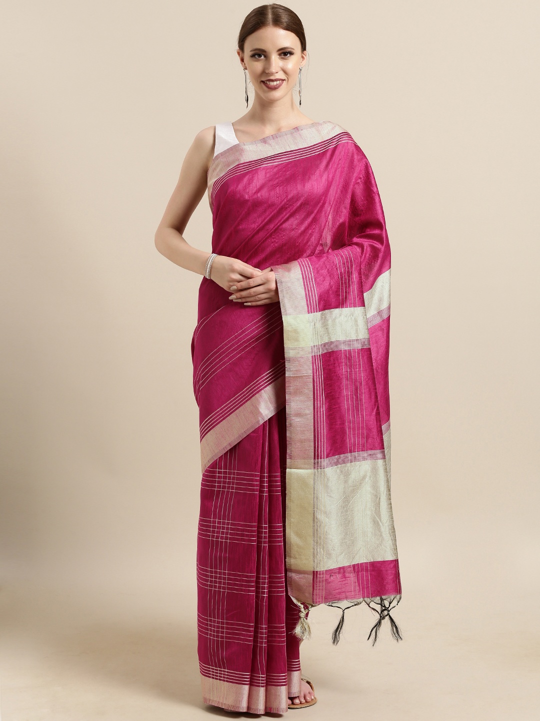 

Satrani Pink & Beige Silk Blend Woven Design Saree